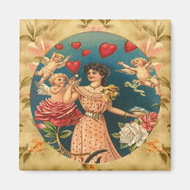 Lovely Girl with Cupids Vintage Custom Magnet (Front)
