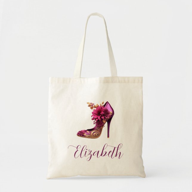 Lovely gold and magenta floral high heel tote bag (Front)