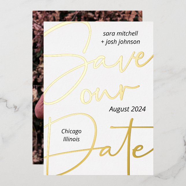 Lovely Gold Foil Script Minimal Save the Date Invitation (Front/Back)