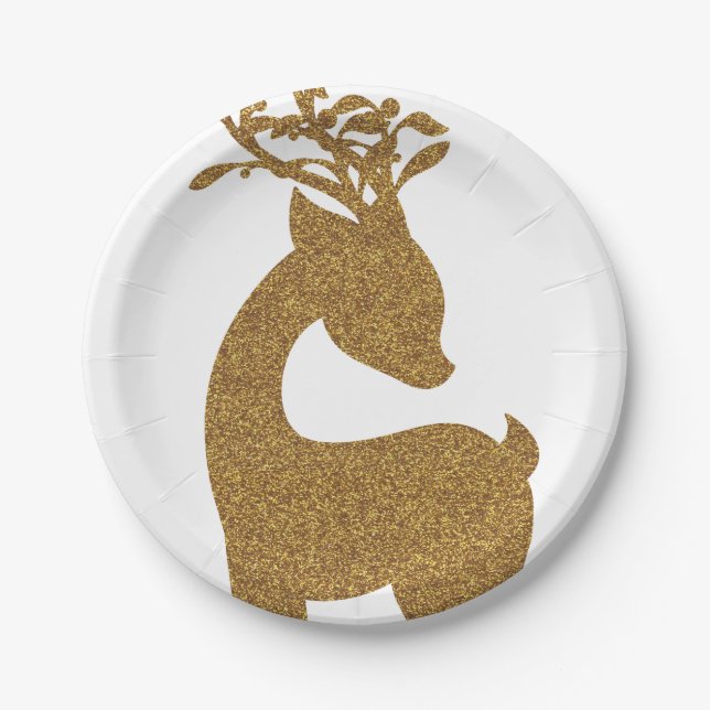 Lovely Gold Glitter Christmas Reindeer Holiday Paper Plates (Front)