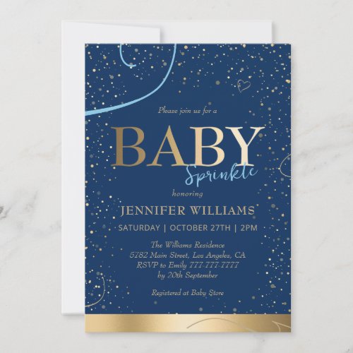 Lovely Gold Navy Blue Boy Baby Sprinkle Shower Invitation