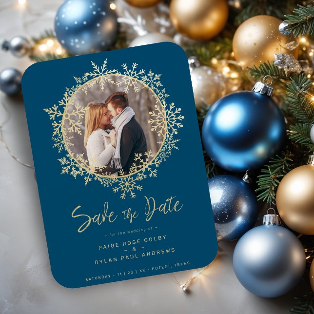 Lovely Gold Snowflakes Wreath Photo Frame Wedding  Magnet (Lovely Gold Snowflakes Wreath Photo Frame Wedding Magnets as a Save the Dates Cards.)