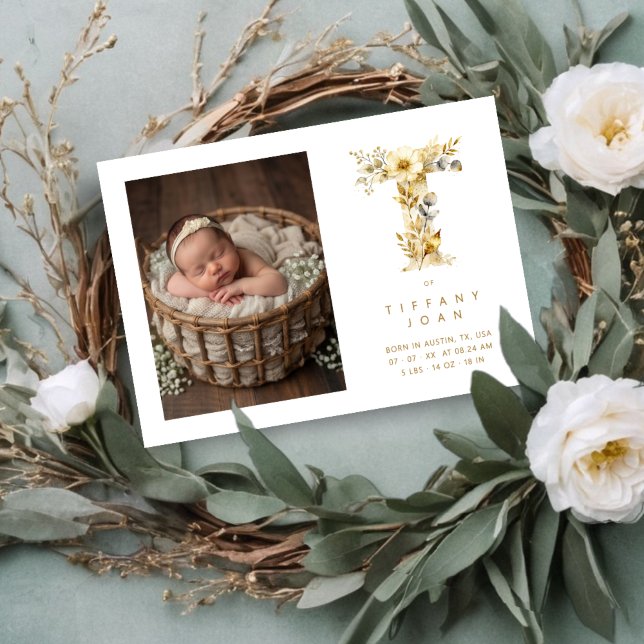 Lovely Gold T Initial with Romantic Floral Design (Lovely Gold T Initial with Romantic Floral Design for Newborn Photo Announcement Card.)