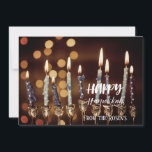 Lovely Golden Hanukkah Chanukah Menorah Lights  Invitation<br><div class="desc">A beautiful and impressive invitation of a lighted menorah and candles against a twinkling background and winter atmosphere.
The details on the back of the card for you to personalize.
Have a happy Holidays ❀</div>