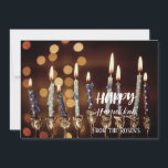 Lovely Golden Hanukkah Chanukah Menorah Lights  Invitation<br><div class="desc">A beautiful and impressive invitation of a lighted menorah and candles against a twinkling background and winter atmosphere.
The details on the back of the card for you to personalize.
Have a happy Holidays ❀</div>