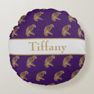 Lovely golden parrots on purple background round pillow