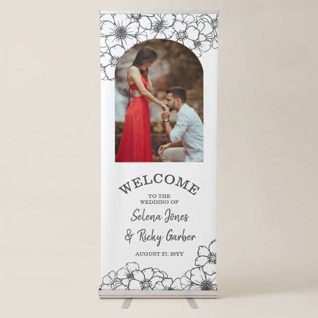 Lovely Gray Florals Arch Photo Wedding Welcome Retractable Banner (Front)