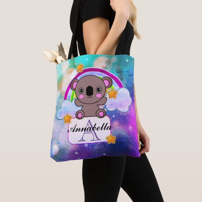 Lovely Gray Kawaii Koala with Rainbow Stars Tote Bag (Close Up)