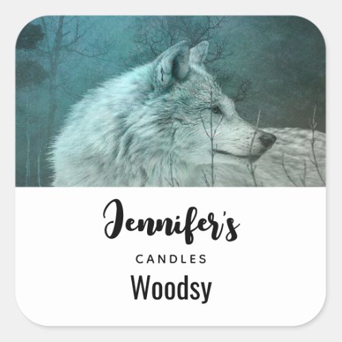 Lovely Gray Wolf in a Dark Forest Candle Business Square Sticker