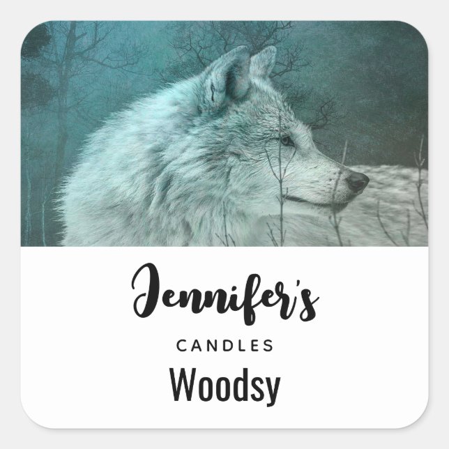 Lovely Gray Wolf in a Dark Forest Candle Business Square Sticker (Front)