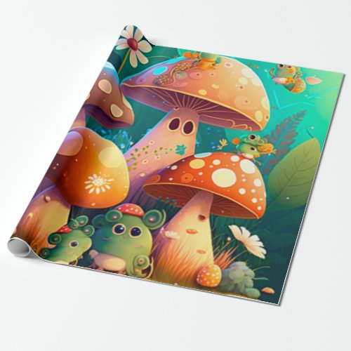 Lovely green cute baby muchrooms    wrapping paper