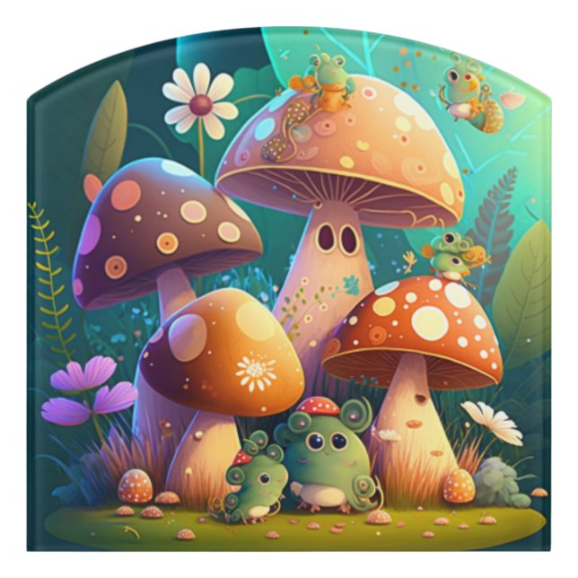 Lovely green cute baby mushrooms       door sign (Contour Front)