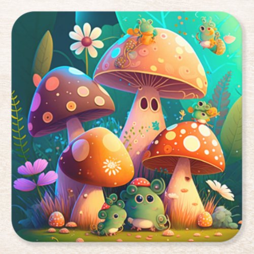 Lovely green cute baby mushrooms       square paper coaster
