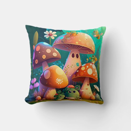 Lovely green cute baby mushrooms       throw pillow