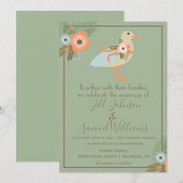 Lovely Green Elegant Bird Wedding Invitation (Front/Back)