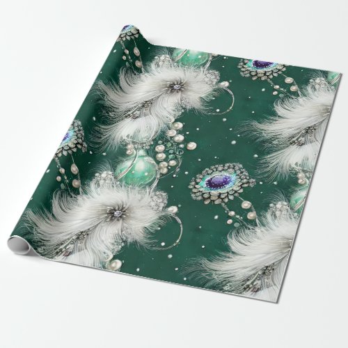 Lovely Green  White Beaded Feathered Pearl Wrapping Paper