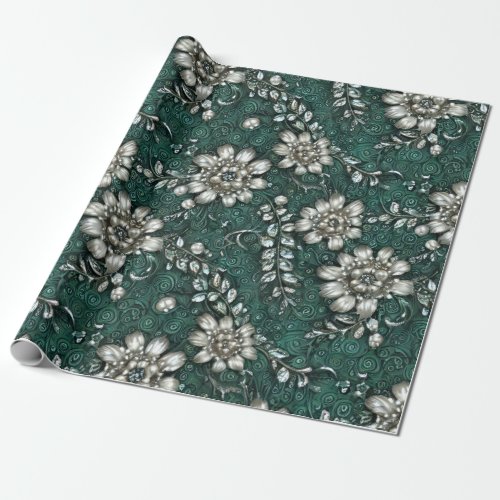 Lovely Green  White Beaded Floral Wrapping Paper