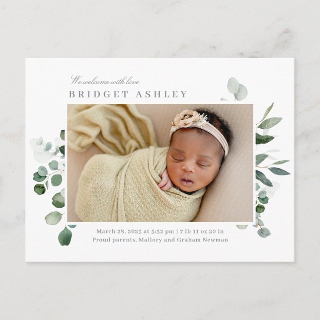 Lovely Greenery Baby Birth Announcement Postcard (Front)