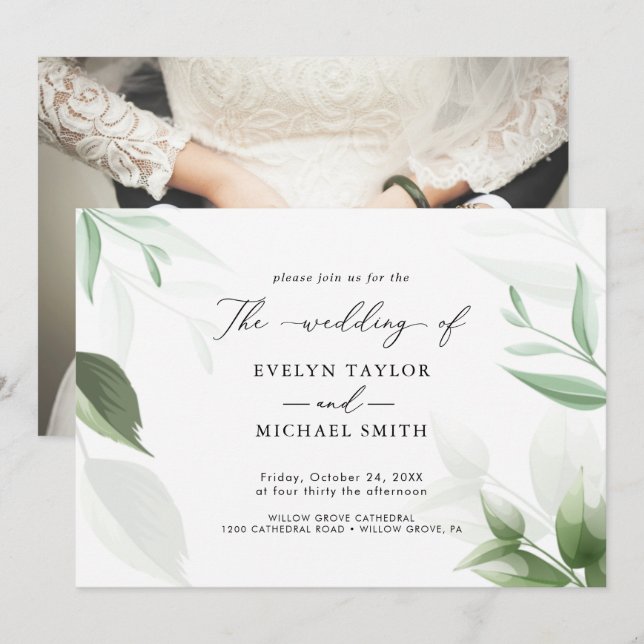 Lovely Greenery Black Calligraphy Invitation (Front/Back)