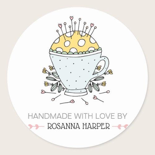 Lovely Hand-drawn Pincushion Quilter Sewing Biz Classic Round Sticker