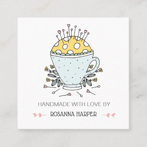 Lovely Hand_drawn Pincushion Quilter Sewing Biz Square Business Card