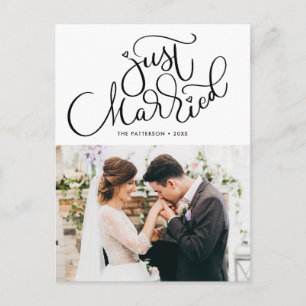 Lovely Hand Lettered Just Married Photo Wedding Announcement Postcard