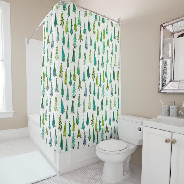 Lovely Hand-Painted Christmas Trees Pattern | Shower Curtain (In Situ)