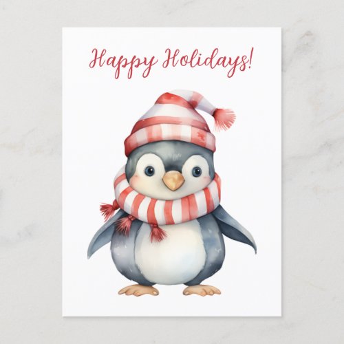 Lovely Happy Holidays Penguin Watercolor Artwork Postcard