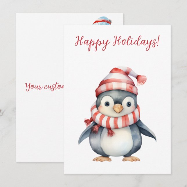 Lovely Happy Holidays Penguin Watercolor Cards (Front/Back)