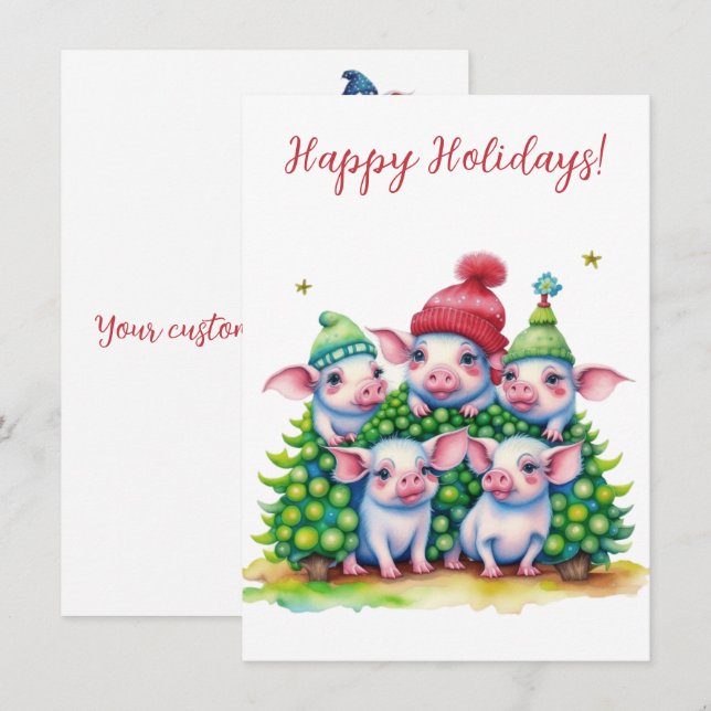 Lovely Happy Holidays Pigs Watercolor Cards (Front/Back)