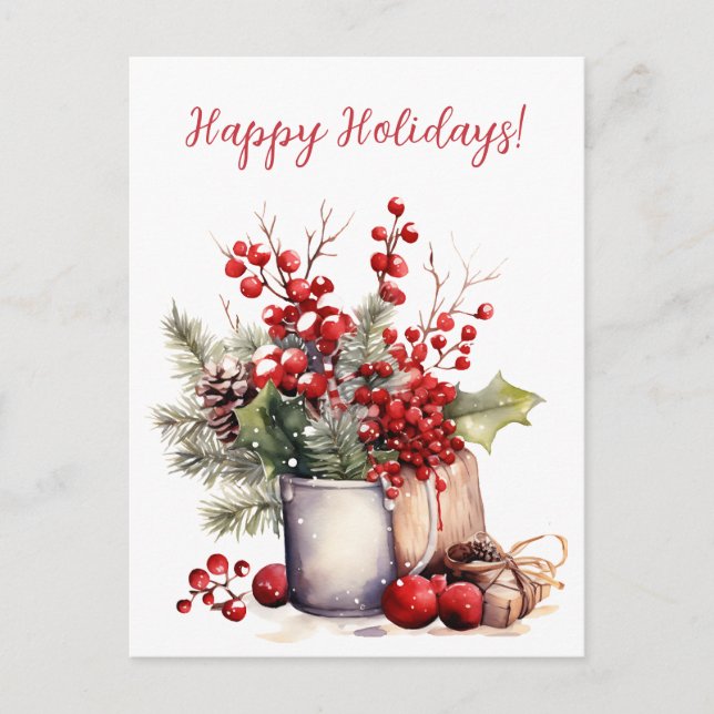 Lovely Happy Holidays Secular Watercolor Artwork Postcard (Front)