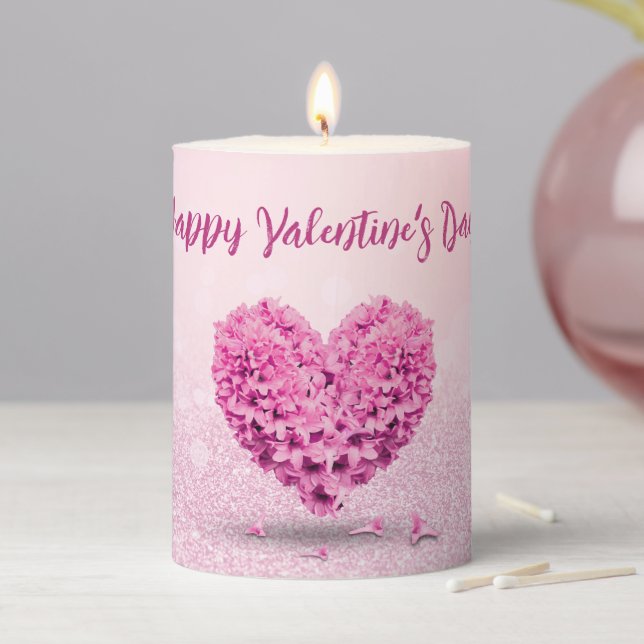 Lovely Happy Valentine's Day Pink Heart Hyacinth Pillar Candle (In Situ)
