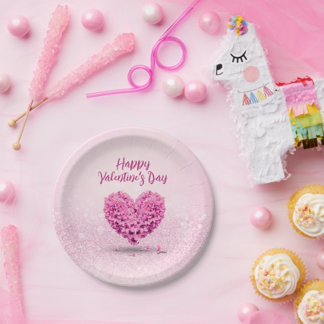 Lovely Heart Happy Valentine's Day Pink Hyacinth Paper Plates (Party)
