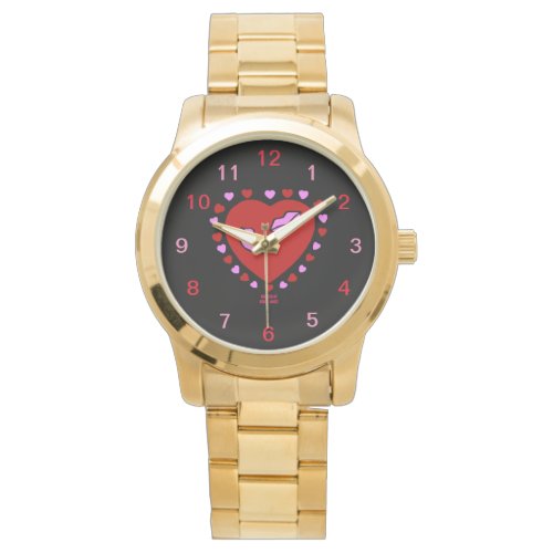 Lovely Heart Kisses Unisex Gold Watch
