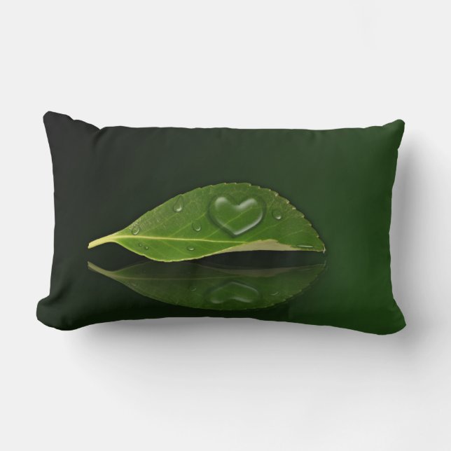 Lovely Heart-Shaped Water Droplet on Leaf Lumbar Pillow (Front)