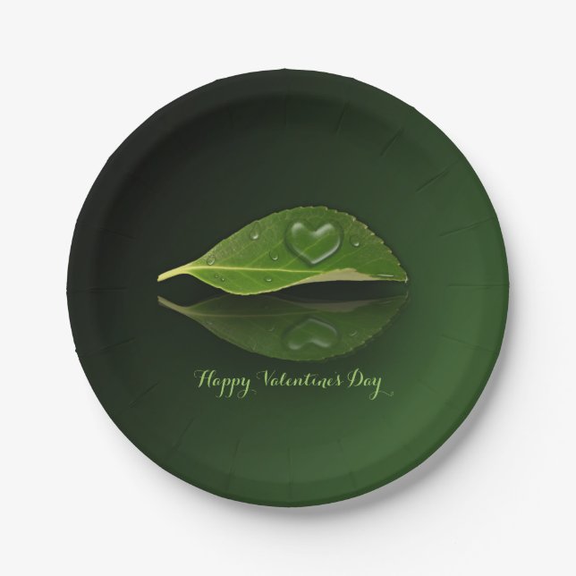 Lovely Heart-Shaped Water Droplet on Leaf Paper Plates (Front)