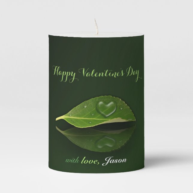 Lovely Heart-Shaped Water Droplet on Leaf Pillar Candle (Front)