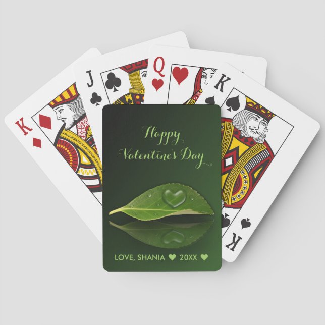 Lovely Heart-Shaped Water Droplet on Leaf Poker Cards (Back)