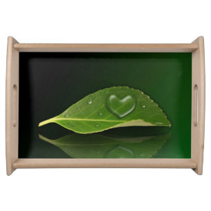 Lovely Heart-Shaped Water Droplet on Leaf Serving Tray