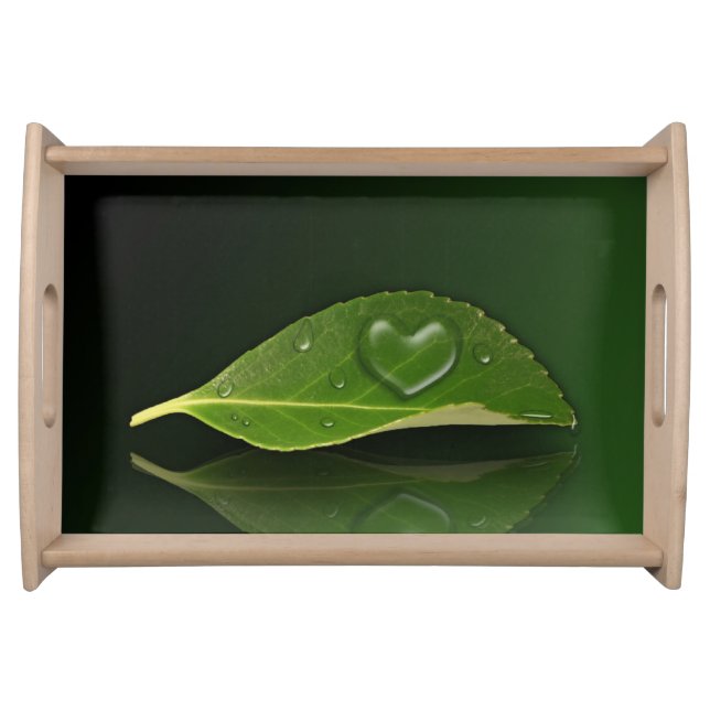 Lovely Heart-Shaped Water Droplet on Leaf Serving Tray (Front)