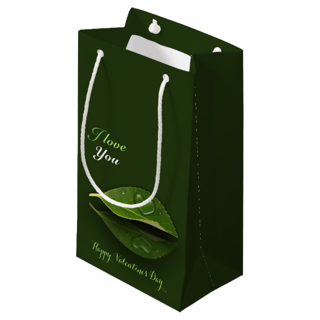 Lovely Heart-Shaped Water Droplet on Leaf Small Gift Bag (Front Angled)
