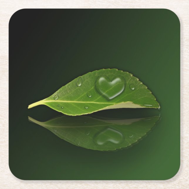 Lovely Heart-Shaped Water Droplet on Leaf Square Paper Coaster (Front)