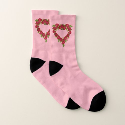 Lovely Heart Wreath of Red Roses on Pink Socks