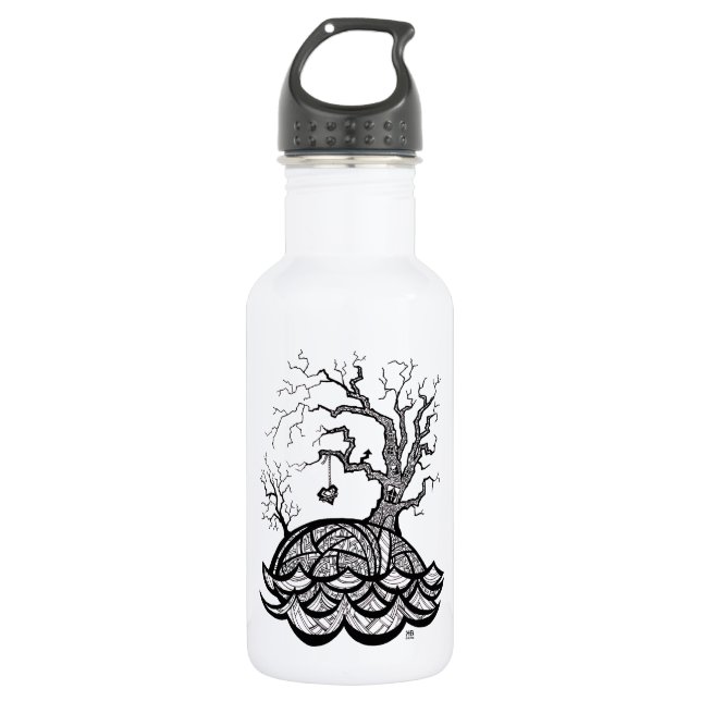 Lovely Hill Intricate Heart Tree illustration Water Bottle (Front)