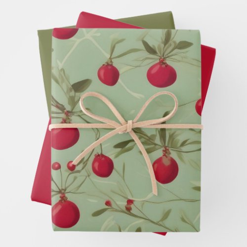 Lovely Holiday Botanical Print w Matching Solids Wrapping Paper Sheets