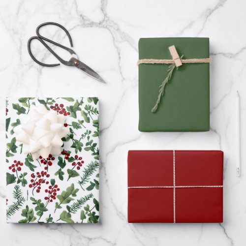 Lovely Holiday Botanical Print w Matching Solids Wrapping Paper Sheets