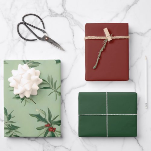 Lovely Holiday Botanical Print w Matching Solids Wrapping Paper Sheets