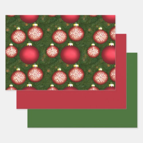 Lovely Holiday Ornament Pattern w Matching Solids Wrapping Paper Sheets