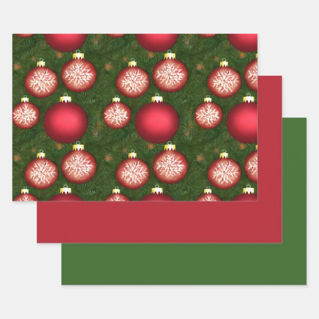 Lovely Holiday Ornament Pattern w/ Matching Solids Wrapping Paper Sheets (Set)