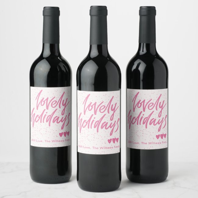 Lovely Holidays Pink Hearts Personalized Christmas Wine Label